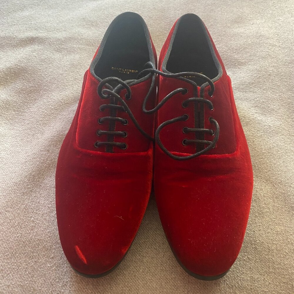 Saint Laurent Paris, Red/Burgundy Velvet Lace-up Flats. Women EU 36.5